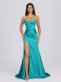 Sheath Sweetheart Pleated Sweep Train Silk Like Satin Corset Bridesmaid Dress