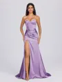 Sheath Sweetheart Pleated Sweep Train Silk Like Satin Corset Bridesmaid Dress