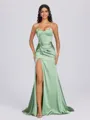 Sheath Sweetheart Pleated Sweep Train Silk Like Satin Corset Bridesmaid Dress