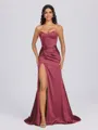 Sheath Sweetheart Pleated Sweep Train Silk Like Satin Corset Bridesmaid Dress