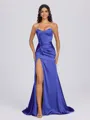Sheath Sweetheart Pleated Sweep Train Silk Like Satin Corset Bridesmaid Dress