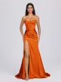Sheath Sweetheart Pleated Sweep Train Silk Like Satin Corset Bridesmaid Dress