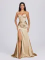 Sheath Sweetheart Pleated Sweep Train Silk Like Satin Corset Bridesmaid Dress