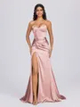 Sheath Sweetheart Pleated Sweep Train Silk Like Satin Corset Bridesmaid Dress