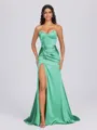 Sheath Sweetheart Pleated Sweep Train Silk Like Satin Corset Bridesmaid Dress