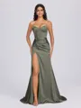 Sheath Sweetheart Pleated Sweep Train Silk Like Satin Corset Bridesmaid Dress