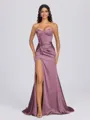 Sheath Sweetheart Pleated Sweep Train Silk Like Satin Corset Bridesmaid Dress