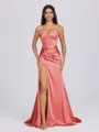 Sheath Sweetheart Pleated Sweep Train Silk Like Satin Corset Bridesmaid Dress