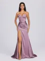 Sheath Sweetheart Pleated Sweep Train Silk Like Satin Corset Bridesmaid Dress