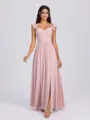 A-line Straps Ruffles Floor-Length Chiffon Corset Bridesmaid Dress