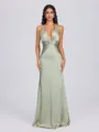 Sheath V-neck Pleated Floor-Length Silk Like Satin Bridesmaid Dress