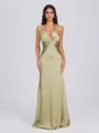 Sheath V-neck Pleated Floor-Length Silk Like Satin Bridesmaid Dress