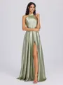 A-line Halter Bow Floor-Length Silk Like Satin Bridesmaid Dress