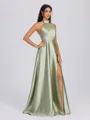 A-line Halter Bow Floor-Length Silk Like Satin Bridesmaid Dress