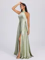 A-line Halter Bow Floor-Length Silk Like Satin Bridesmaid Dress