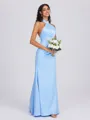 Sheath Halter Pleated Floor-Length Charmeuse Bridesmaid Dress