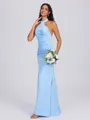 Sheath Halter Pleated Floor-Length Charmeuse Bridesmaid Dress