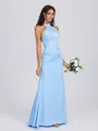 Sheath Halter Pleated Floor-Length Charmeuse Bridesmaid Dress