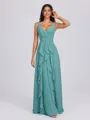 A-line V-neck Ruffles Floor-Length Chiffon Bridesmaid Dress