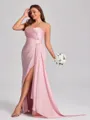 Sheath One-Shoulder Pleated Floor-Length NS Elastic Woven Satin Corset Plus Size Bridesmaid Dress
