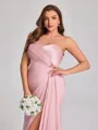 Sheath One-Shoulder Pleated Floor-Length NS Elastic Woven Satin Corset Plus Size Bridesmaid Dress
