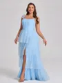 A-line Straps Cascading Ruffles Floor-Length Tulle Corset Plus Size Bridesmaid Dress