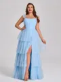 A-line Straps Cascading Ruffles Floor-Length Tulle Corset Plus Size Bridesmaid Dress