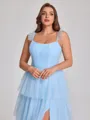 A-line Straps Cascading Ruffles Floor-Length Tulle Corset Plus Size Bridesmaid Dress