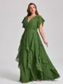 A-line V-neck Short Sleeves Ruffles Floor-Length Chiffon Corset Plus Size Bridesmaid Dress