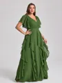 A-line V-neck Short Sleeves Ruffles Floor-Length Chiffon Corset Plus Size Bridesmaid Dress