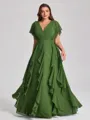 A-line V-neck Short Sleeves Ruffles Floor-Length Chiffon Corset Plus Size Bridesmaid Dress