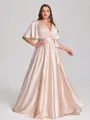 A-line V-neck Short Sleeves Sash/Ribbon/Belt Floor-Length Silk Like Satin Corset Plus Size Bridesmaid Dress