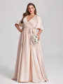 A-line V-neck Short Sleeves Sash/Ribbon/Belt Floor-Length Silk Like Satin Corset Plus Size Bridesmaid Dress