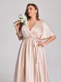A-line V-neck Short Sleeves Sash/Ribbon/Belt Floor-Length Silk Like Satin Corset Plus Size Bridesmaid Dress