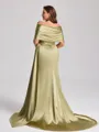 Sheath Off-the-Shoulder Pleated Court Train Silk Like Satin Corset Plus Size Bridesmaid Dress
