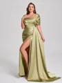 Sheath Off-the-Shoulder Pleated Court Train Silk Like Satin Corset Plus Size Bridesmaid Dress