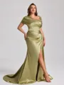 Sheath Off-the-Shoulder Pleated Court Train Silk Like Satin Corset Plus Size Bridesmaid Dress