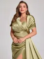 Sheath Off-the-Shoulder Pleated Court Train Silk Like Satin Corset Plus Size Bridesmaid Dress