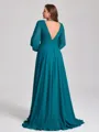 A-line V-neck Long Sleeves Pleated Sweep Train Chiffon Corset Plus Size Bridesmaid Dress