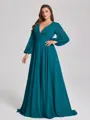 A-line V-neck Long Sleeves Pleated Sweep Train Chiffon Corset Plus Size Bridesmaid Dress