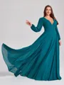 A-line V-neck Long Sleeves Pleated Sweep Train Chiffon Corset Plus Size Bridesmaid Dress