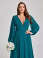 A-line V-neck Long Sleeves Pleated Sweep Train Chiffon Corset Plus Size Bridesmaid Dress