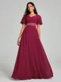 A-Line/Princess V-neck Sweep/Brush Train Short Sleeves Chiffon Bridesmaid Dress