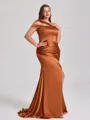 Sheath Off-the-Shoulder Pleated Sweep Train Silk Like Satin Corset Plus Size Bridesmaid Dress