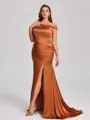 Sheath Off-the-Shoulder Pleated Sweep Train Silk Like Satin Corset Plus Size Bridesmaid Dress