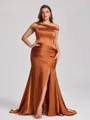Sheath Off-the-Shoulder Pleated Sweep Train Silk Like Satin Corset Plus Size Bridesmaid Dress