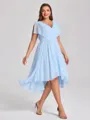 A-line V-neck Short Sleeves Pleated Asymmetrical Chiffon Corset Plus Size Bridesmaid Dress