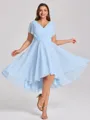 A-line V-neck Short Sleeves Pleated Asymmetrical Chiffon Corset Plus Size Bridesmaid Dress