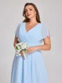 A-line V-neck Short Sleeves Pleated Asymmetrical Chiffon Corset Plus Size Bridesmaid Dress