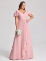 A-line V-neck Short Sleeves Pleated Floor-Length Chiffon Corset Plus Size Bridesmaid Dress